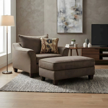 Fabric Accent Chair with Ottoman, Solid Wood Legs 2 Piece Set, Brown