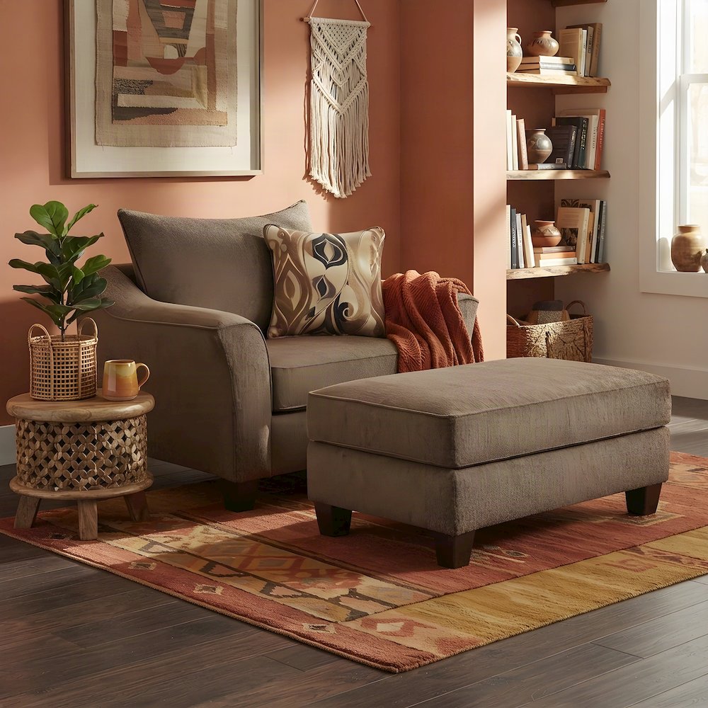 Fabric Accent Chair with Ottoman, Solid Wood Legs 2 Piece Set, Brown