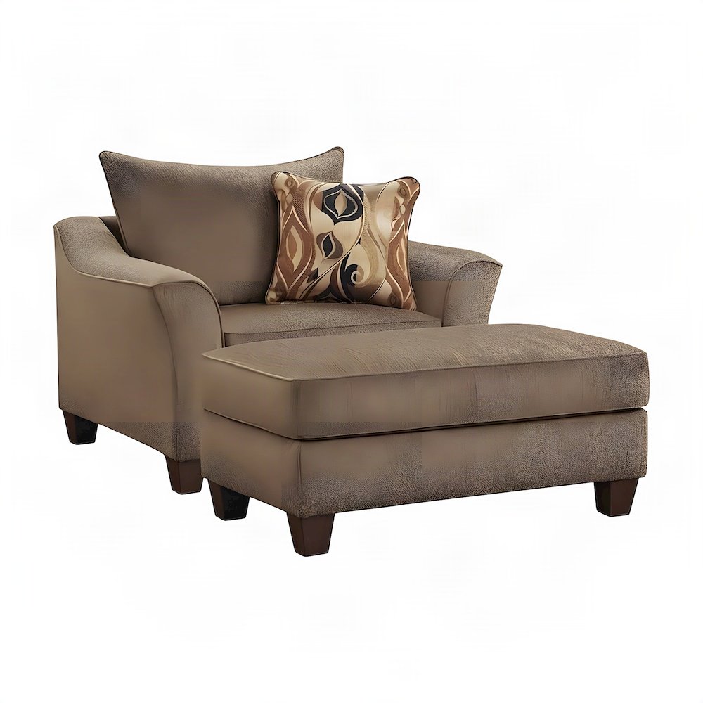 Fabric Accent Chair with Ottoman, Solid Wood Legs 2 Piece Set, Brown