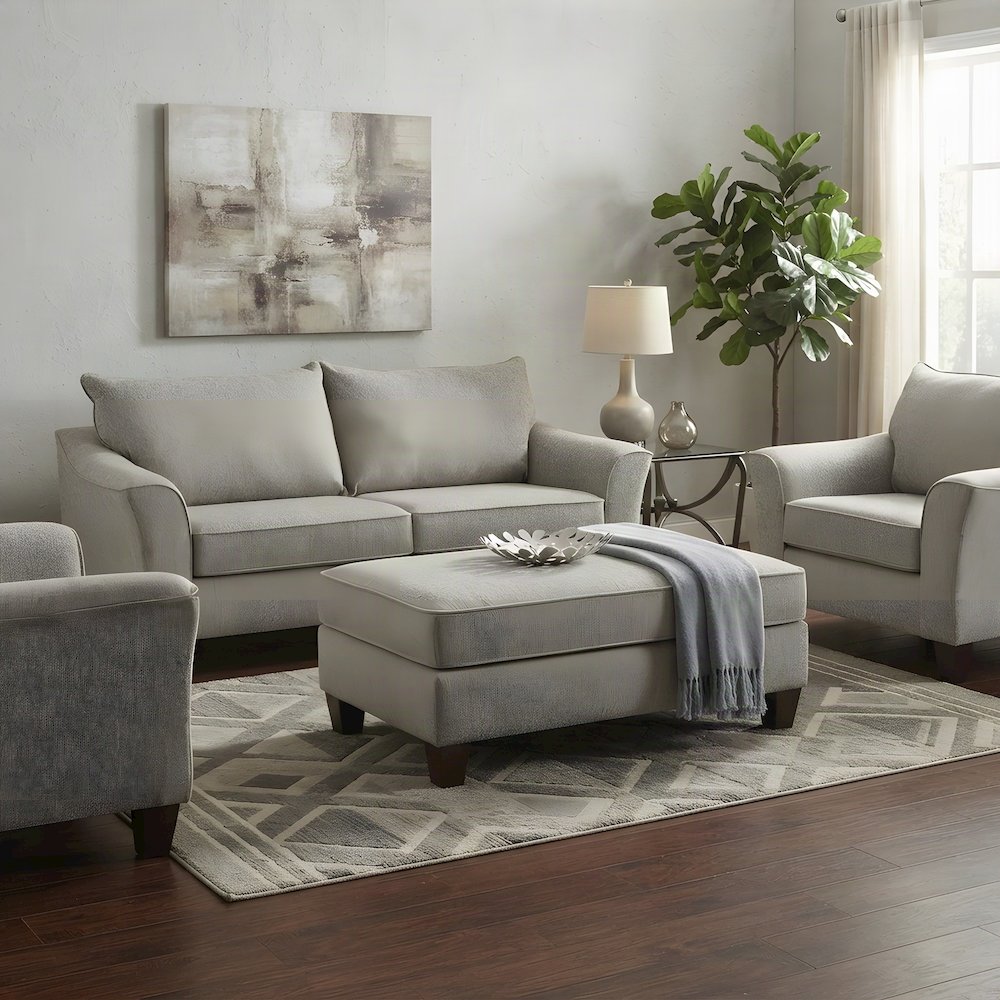 Fabric Upholstered Cocktail Ottoman with Solid Wood Legs, Foot Rest, Grey