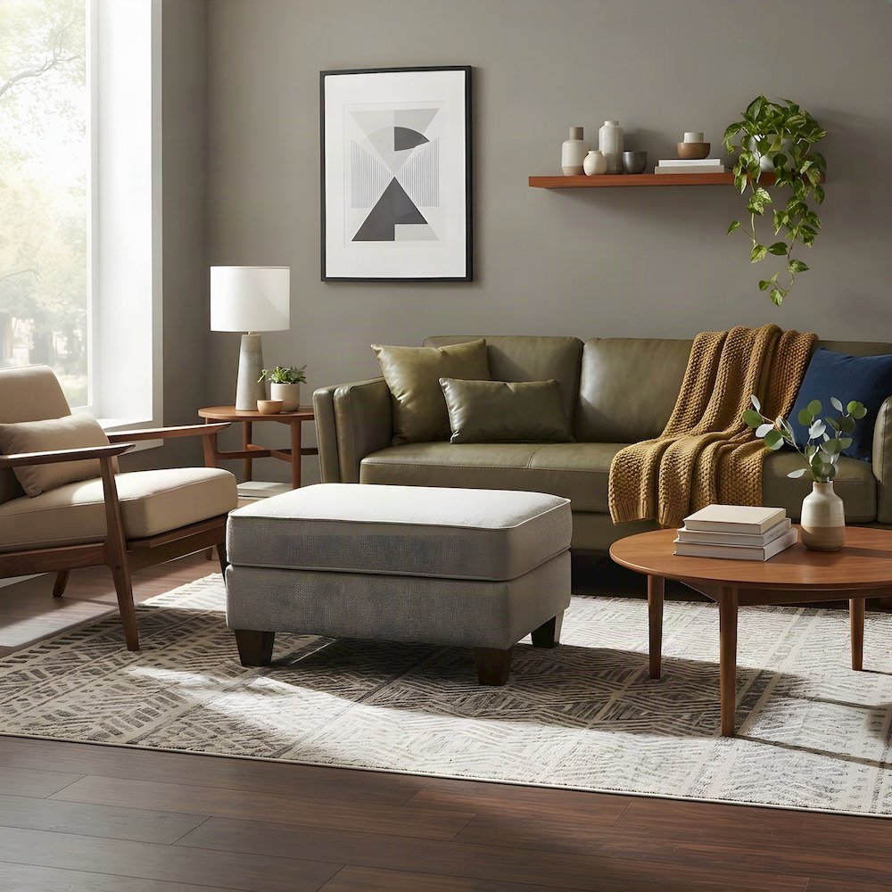 Fabric Upholstered Cocktail Ottoman with Solid Wood Legs, Foot Rest, Grey