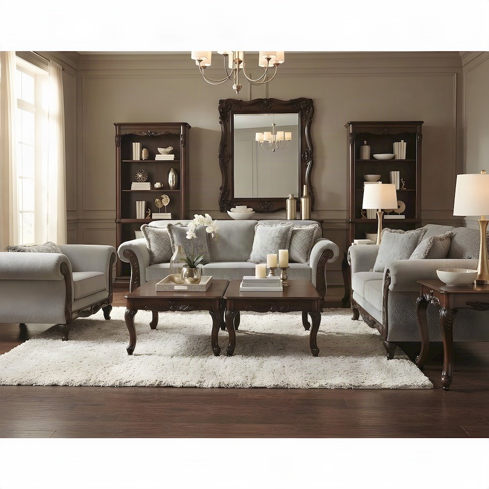 Upholstered Carved Solid Wood Living Room Furniture 5 Piece Set, Grey