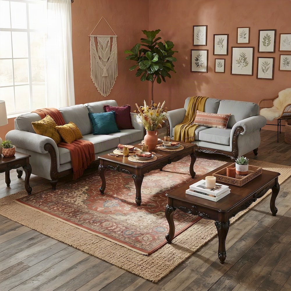 Upholstered Carved Solid Wood Living Room Furniture 5 Piece Set, Grey