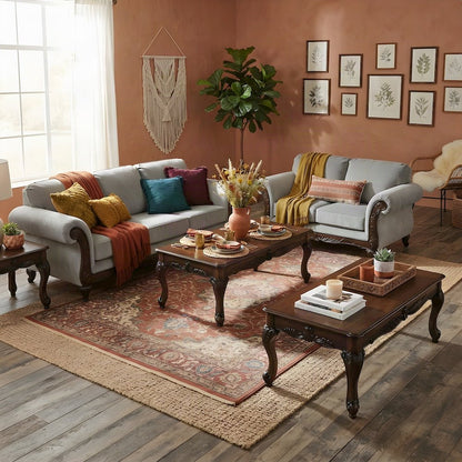 Upholstered Carved Solid Wood Living Room Furniture 5 Piece Set, Grey