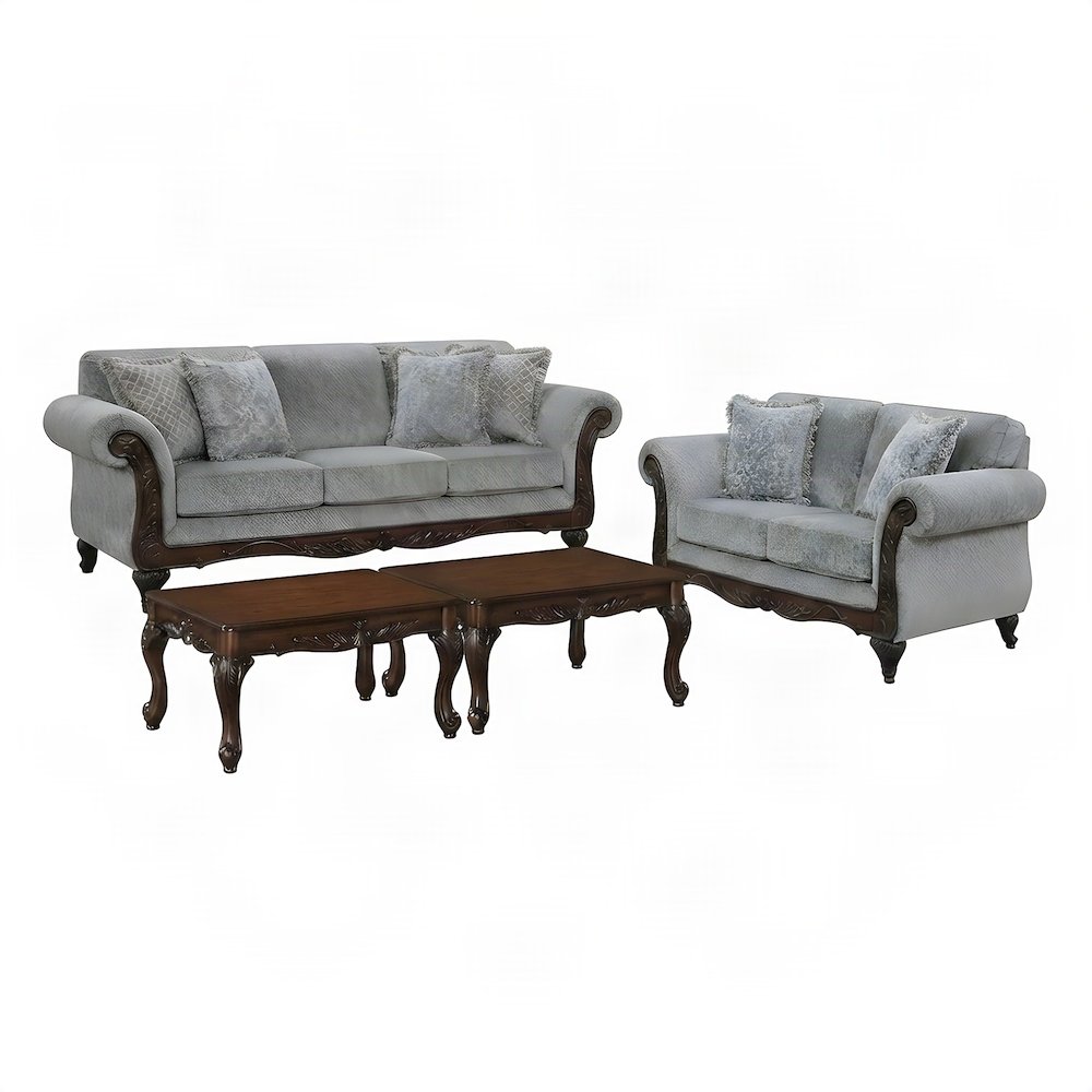 Upholstered Carved Solid Wood Living Room Furniture 5 Piece Set, Grey