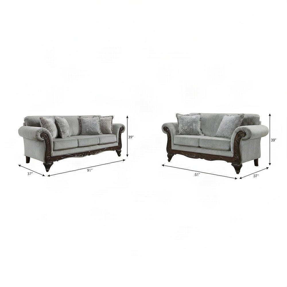 Upholstered Carved Solid Wood Frame Sofa and Loveseat 2 Piece Set, Grey