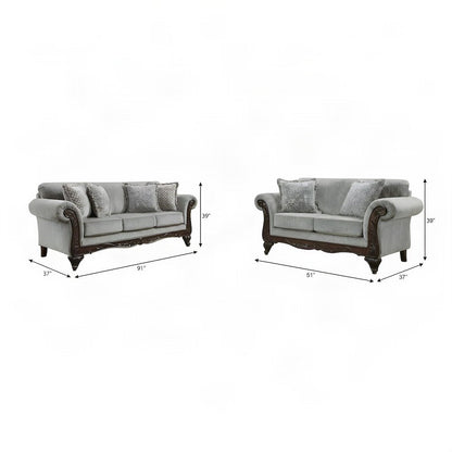 Upholstered Carved Solid Wood Frame Sofa and Loveseat 2 Piece Set, Grey
