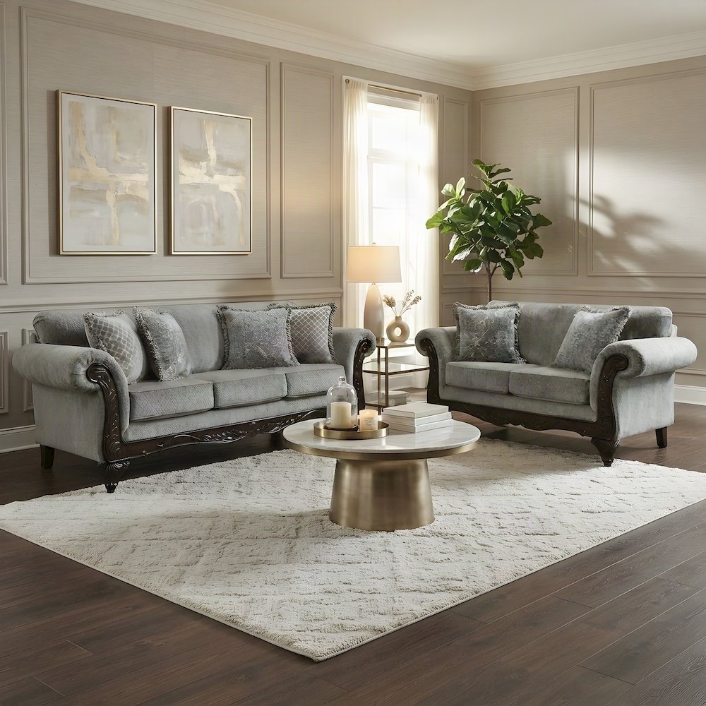 Upholstered Carved Solid Wood Frame Sofa and Loveseat 2 Piece Set, Grey