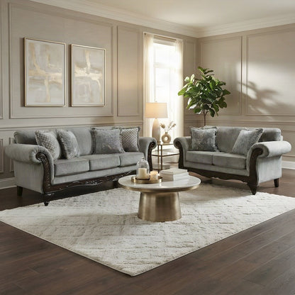 Upholstered Carved Solid Wood Frame Sofa and Loveseat 2 Piece Set, Grey