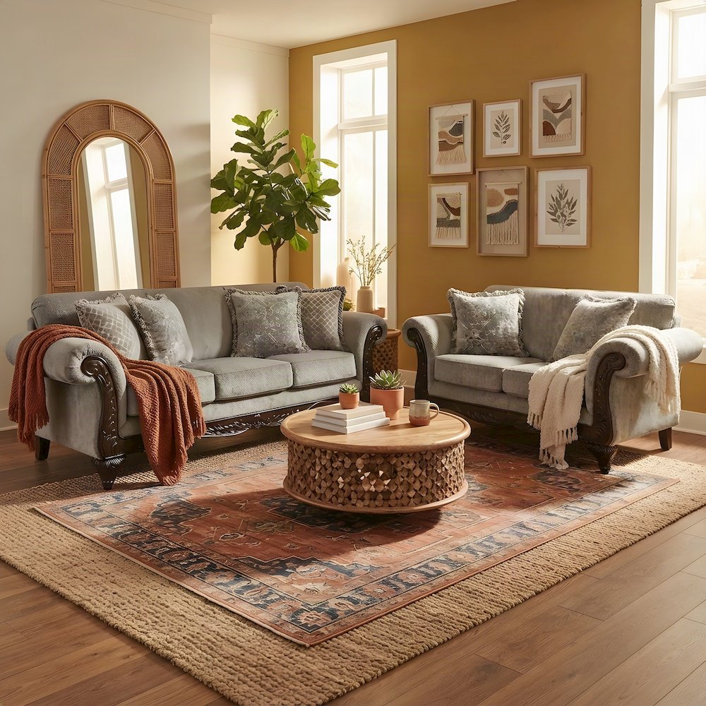 Upholstered Carved Solid Wood Frame Sofa and Loveseat 2 Piece Set, Grey