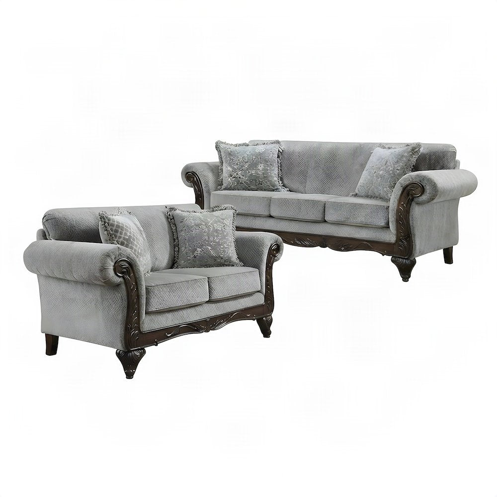 Upholstered Carved Solid Wood Frame Sofa and Loveseat 2 Piece Set, Grey