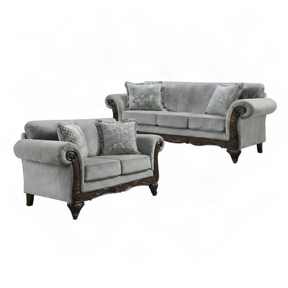 Upholstered Carved Solid Wood Frame Sofa and Loveseat 2 Piece Set, Grey