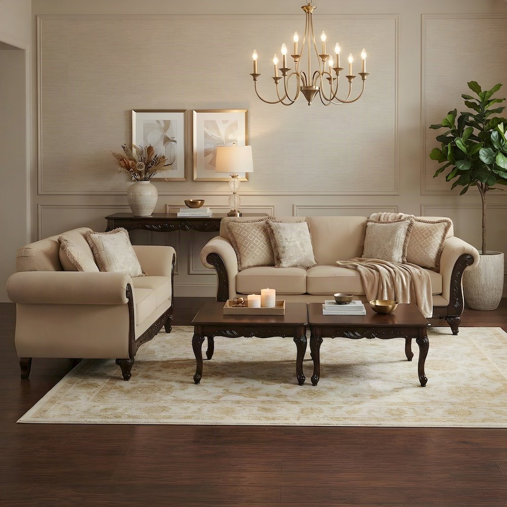 Upholstered Carved Solid Wood Living Room Furniture 5 Piece Set, Beige
