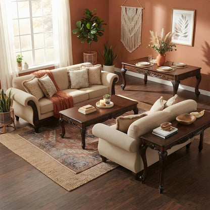 Upholstered Carved Solid Wood Living Room Furniture 5 Piece Set, Beige