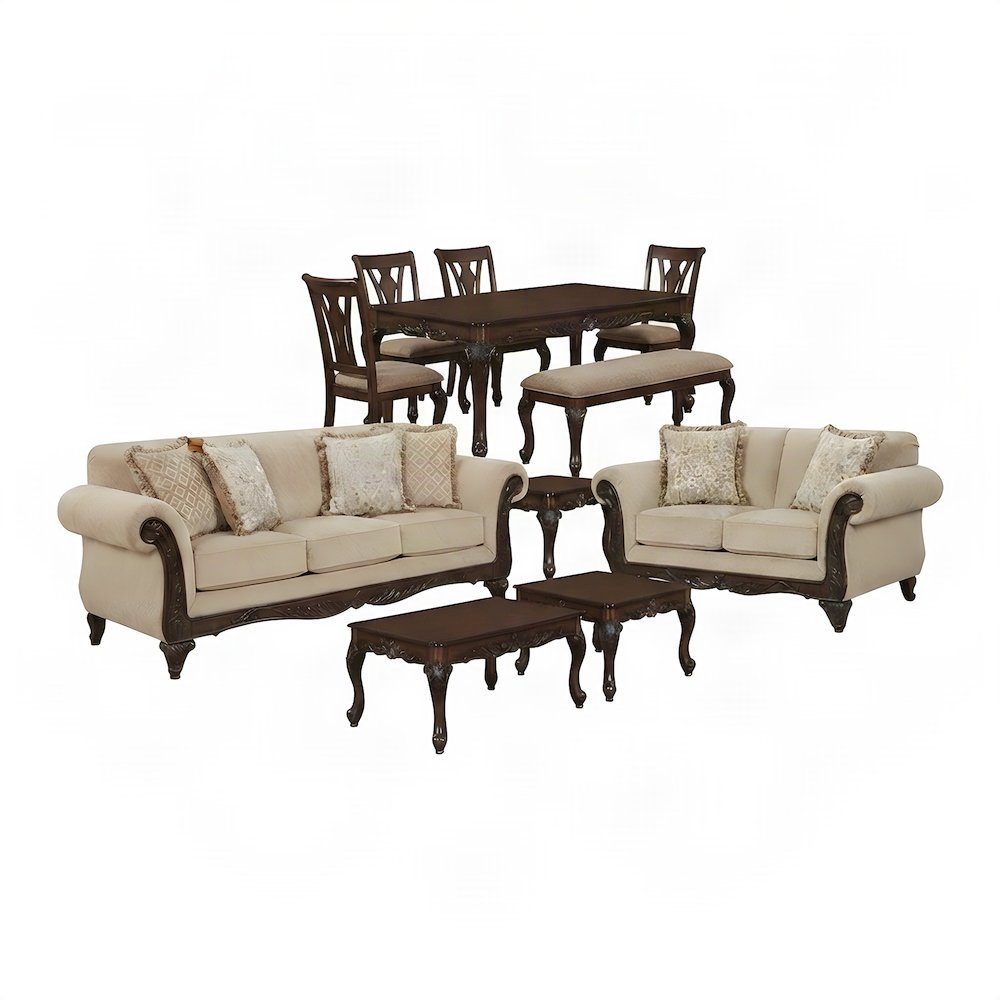 Upholstered Carved Solid Wood Living Room Furniture 5 Piece Set, Beige
