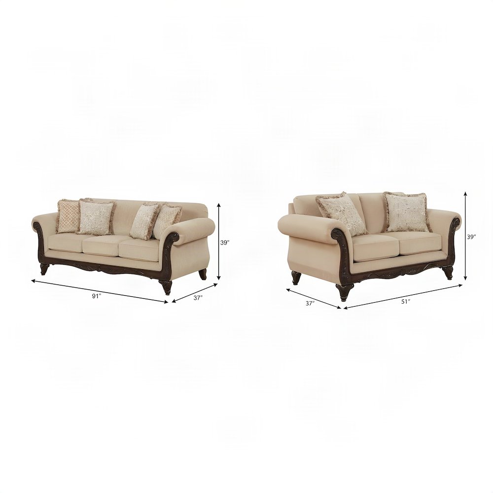 Upholstered Carved Solid Wood Frame Sofa and Loveseat 2 Piece Set, Beige