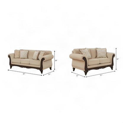Upholstered Carved Solid Wood Frame Sofa and Loveseat 2 Piece Set, Beige