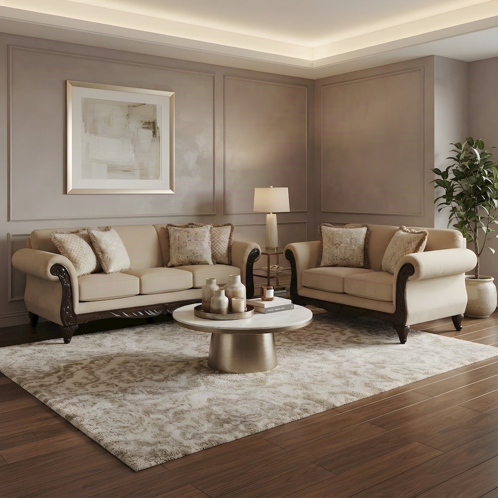 Upholstered Carved Solid Wood Frame Sofa and Loveseat 2 Piece Set, Beige