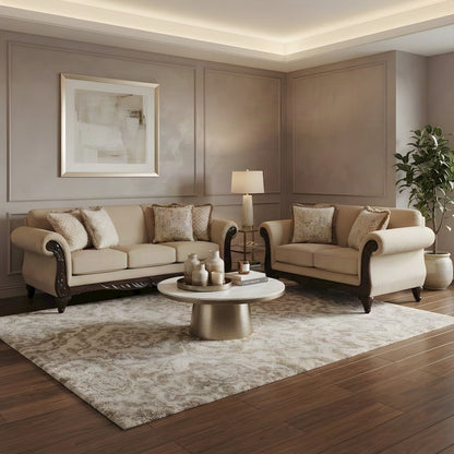 Upholstered Carved Solid Wood Frame Sofa and Loveseat 2 Piece Set, Beige