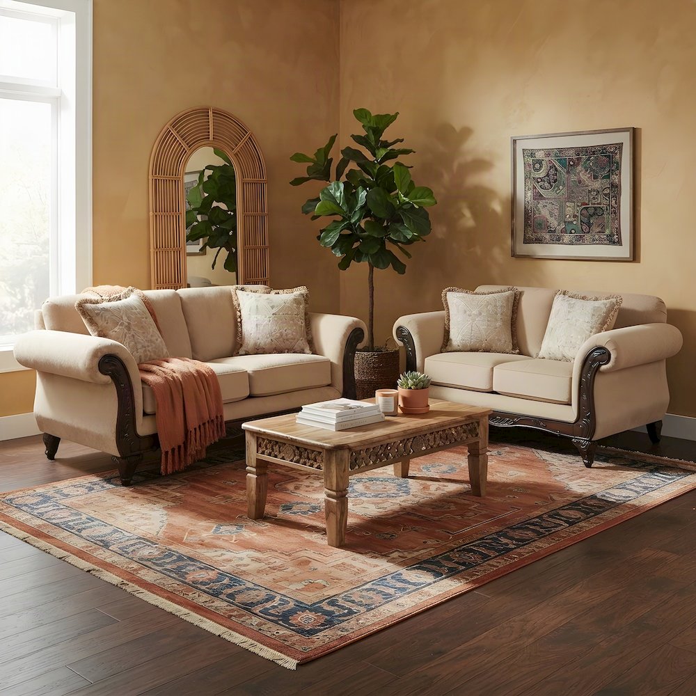 Upholstered Carved Solid Wood Frame Sofa and Loveseat 2 Piece Set, Beige