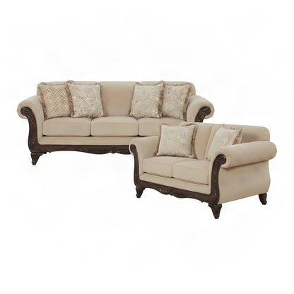 Upholstered Carved Solid Wood Frame Sofa and Loveseat 2 Piece Set, Beige