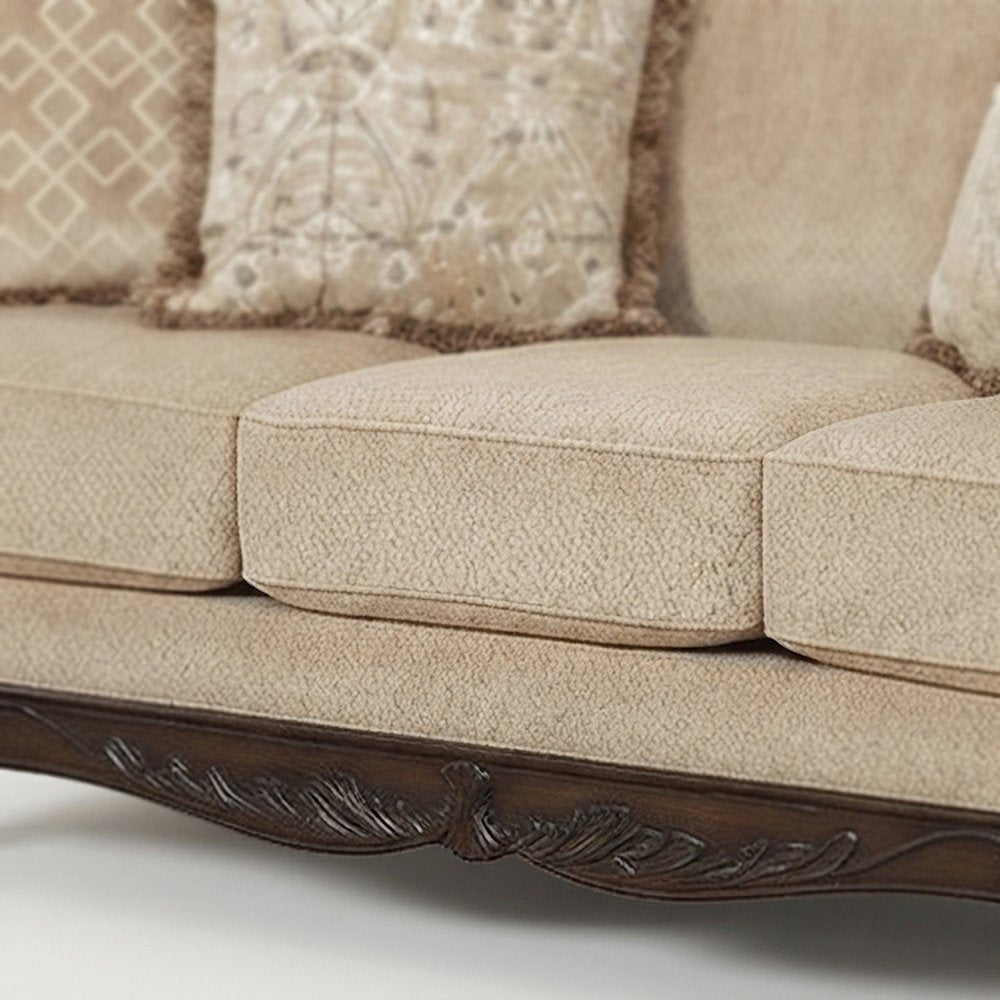 Upholstered Carved Solid Wood Frame Sofa and Loveseat 2 Piece Set, Beige