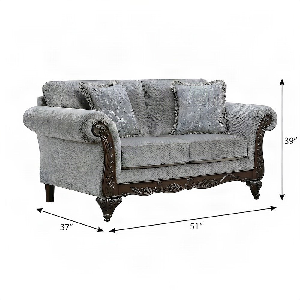 Carved Frame Solid Wood Upholstered Loveseat Sofa and Love Seat Couch, Grey