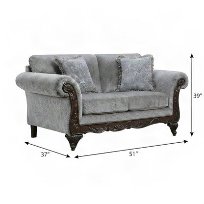 Carved Frame Solid Wood Upholstered Loveseat Sofa and Love Seat Couch, Grey