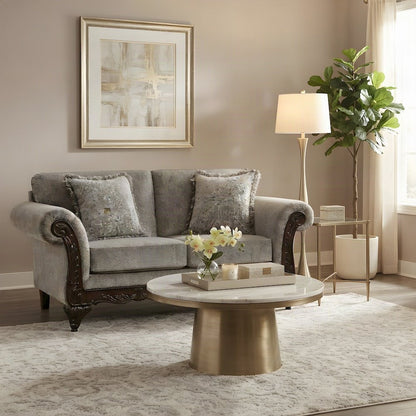 Carved Frame Solid Wood Upholstered Loveseat Sofa and Love Seat Couch, Grey
