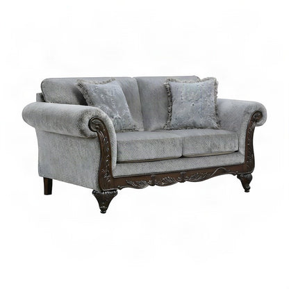Carved Frame Solid Wood Upholstered Loveseat Sofa and Love Seat Couch, Grey