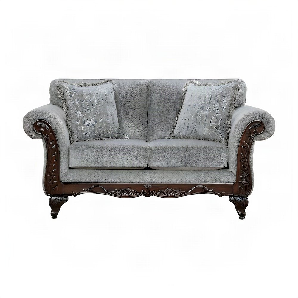 Carved Frame Solid Wood Upholstered Loveseat Sofa and Love Seat Couch, Grey