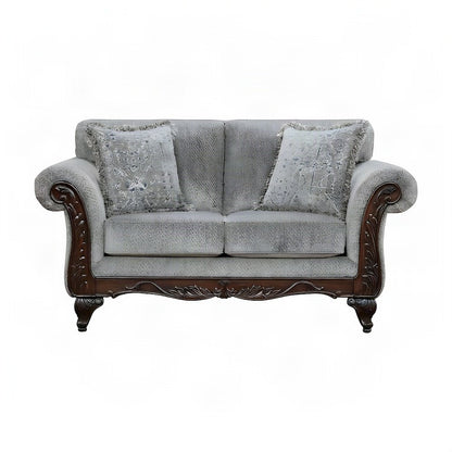 Carved Frame Solid Wood Upholstered Loveseat Sofa and Love Seat Couch, Grey