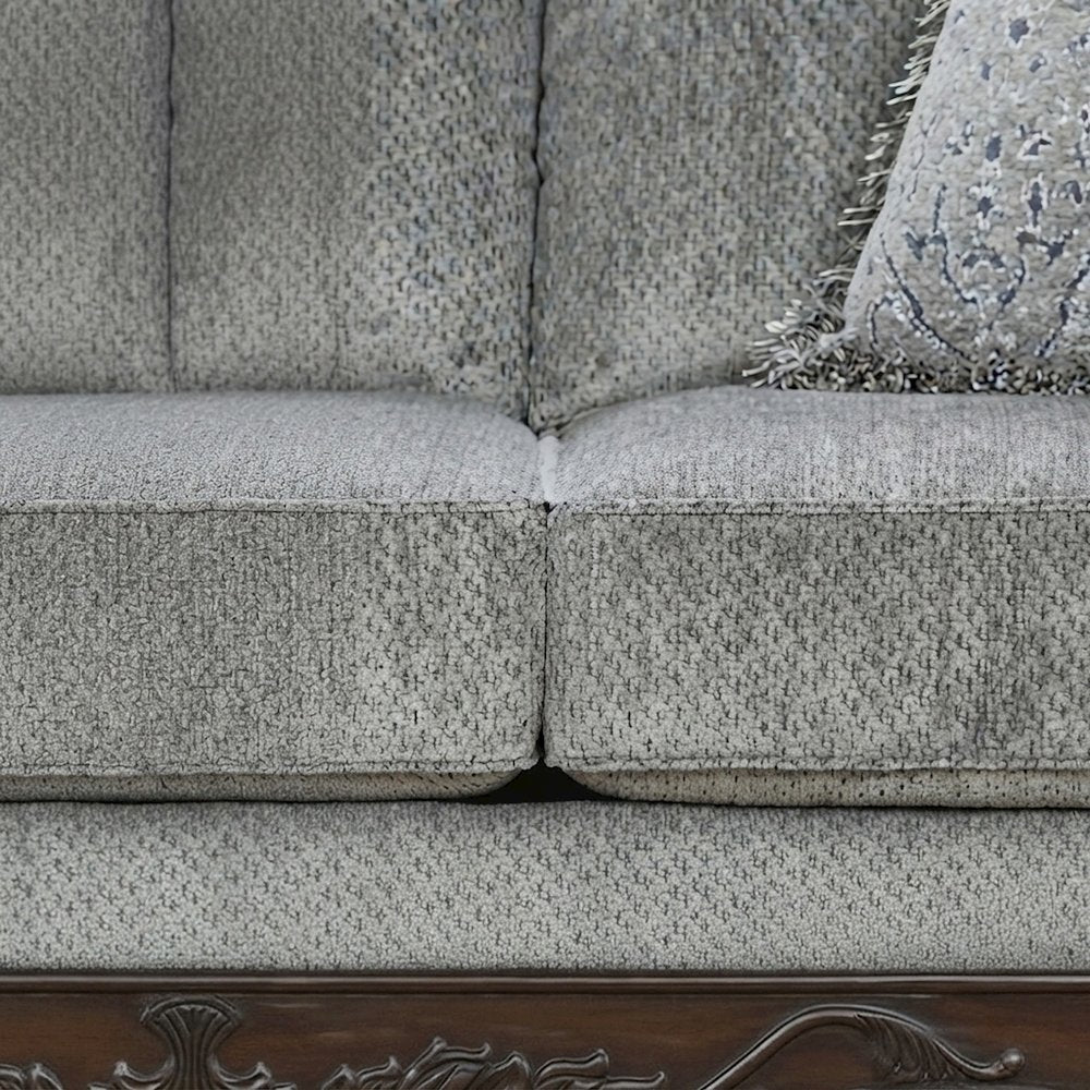 Carved Frame Solid Wood Upholstered Loveseat Sofa and Love Seat Couch, Grey