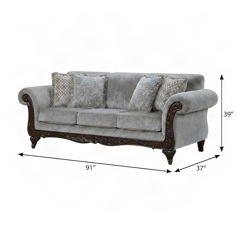 Solid Wood Carved-Frame Upholstered Victorian Sofa and Couch, Grey