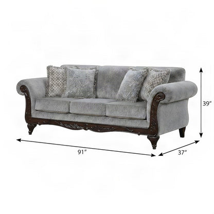 Solid Wood Carved-Frame Upholstered Victorian Sofa and Couch, Grey