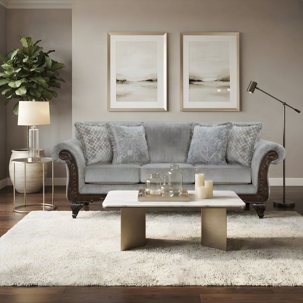 Solid Wood Carved-Frame Upholstered Victorian Sofa and Couch, Grey