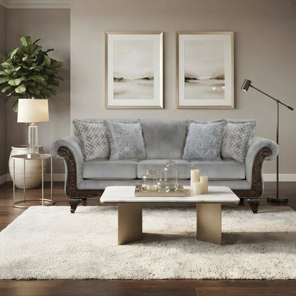 Solid Wood Carved-Frame Upholstered Victorian Sofa and Couch, Grey