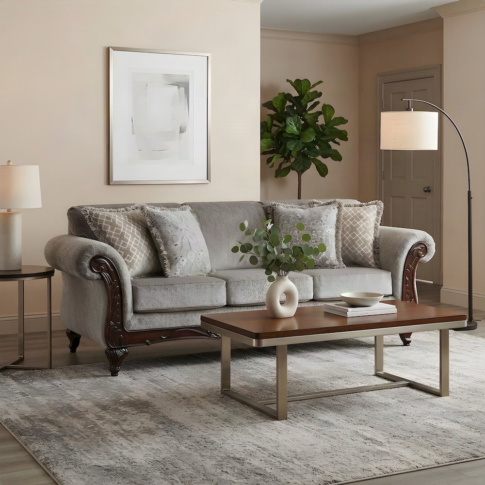 Solid Wood Carved-Frame Upholstered Victorian Sofa and Couch, Grey