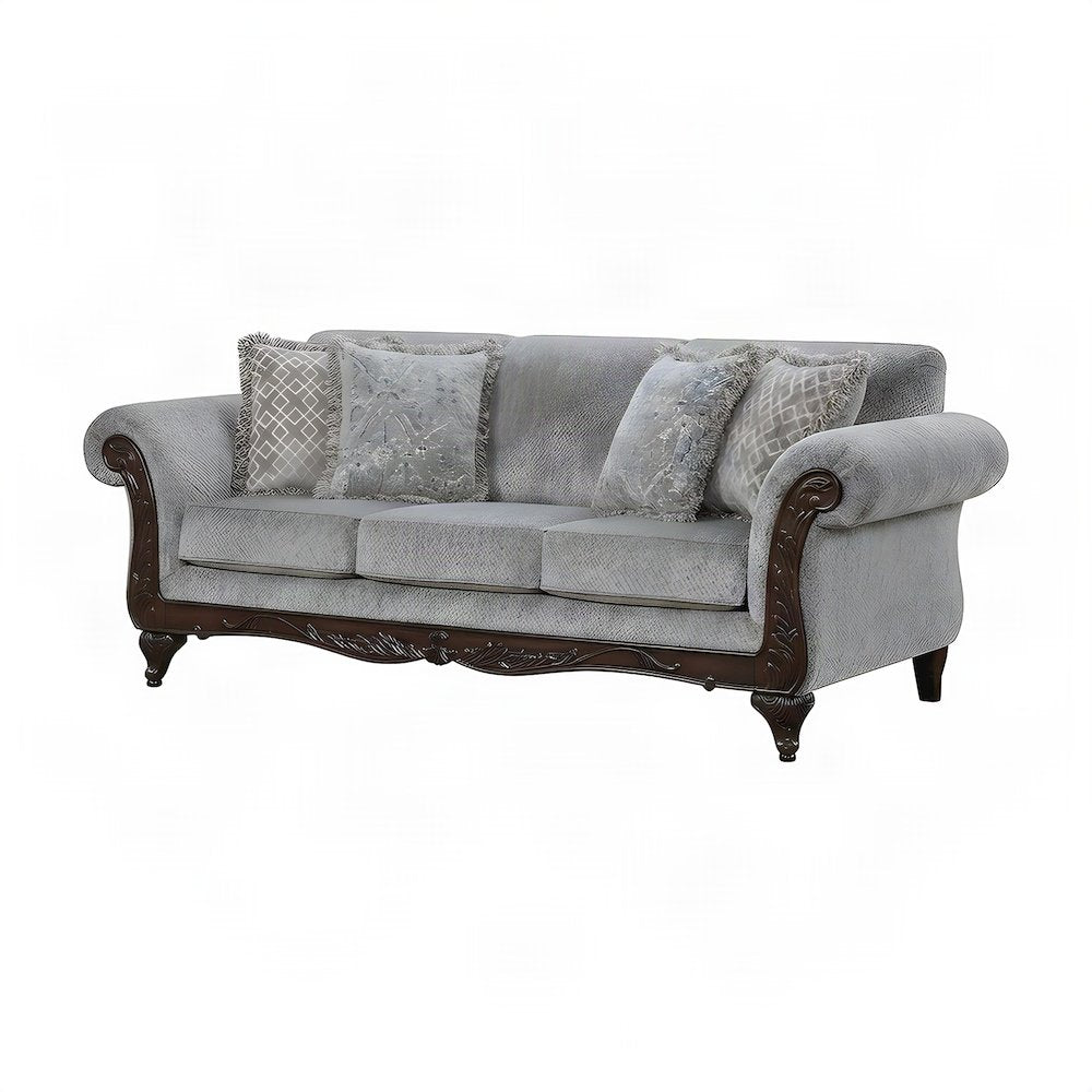 Solid Wood Carved-Frame Upholstered Victorian Sofa and Couch, Grey