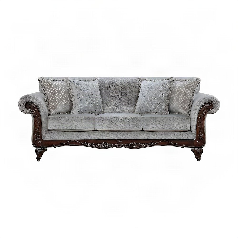 Solid Wood Carved-Frame Upholstered Victorian Sofa and Couch, Grey