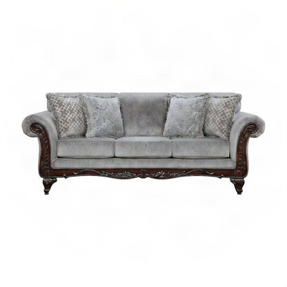 Solid Wood Carved-Frame Upholstered Victorian Sofa and Couch, Grey
