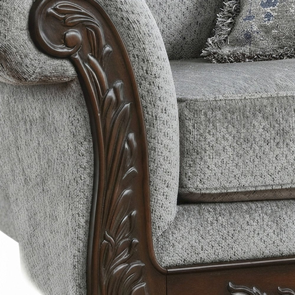 Solid Wood Carved-Frame Upholstered Victorian Sofa and Couch, Grey