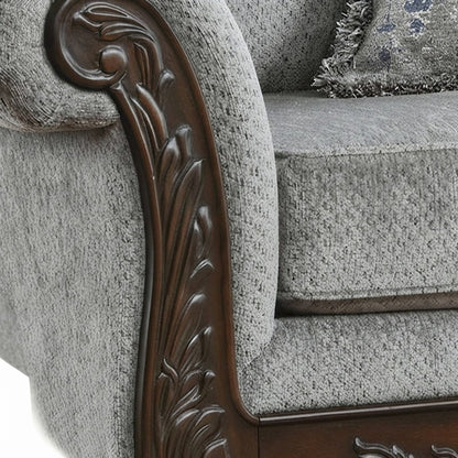 Solid Wood Carved-Frame Upholstered Victorian Sofa and Couch, Grey