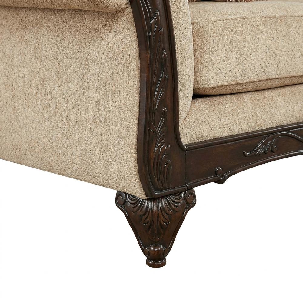 Upholstered Wood Frame Sofa with Carved Detail for Living Room, Beige