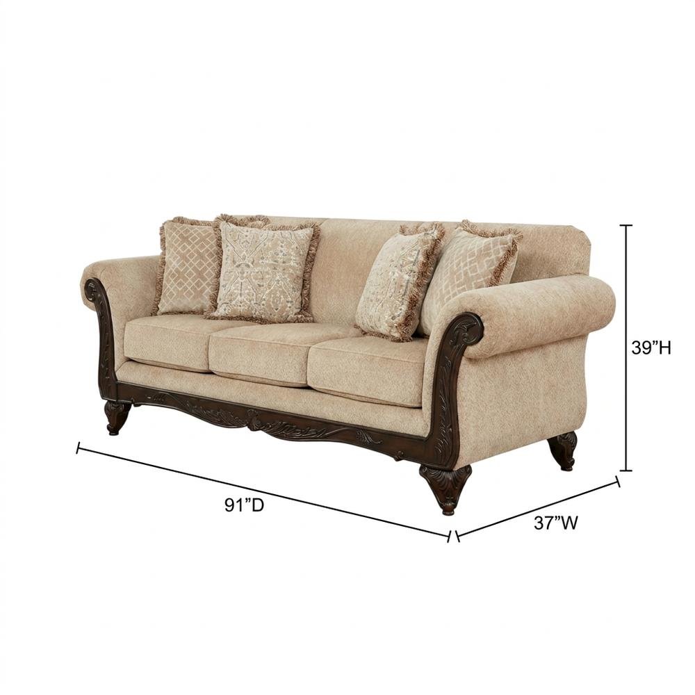 Upholstered Wood Frame Sofa with Carved Detail for Living Room, Beige