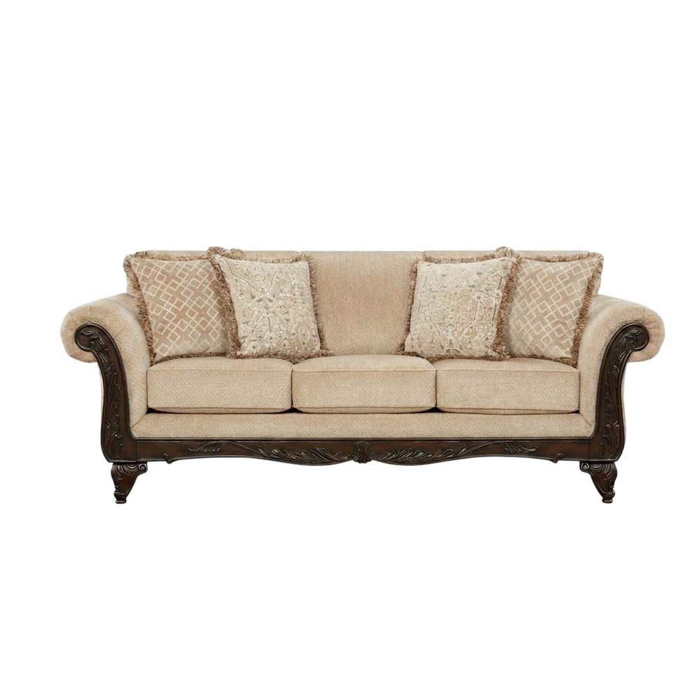 Upholstered Wood Frame Sofa with Carved Detail for Living Room, Beige