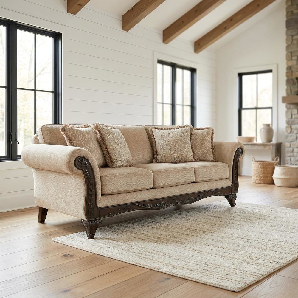 Upholstered Wood Frame Sofa with Carved Detail for Living Room, Beige