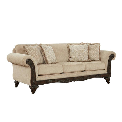 Upholstered Wood Frame Sofa with Carved Detail for Living Room, Beige