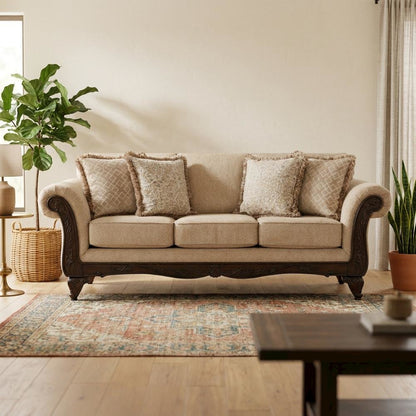 Upholstered Wood Frame Sofa with Carved Detail for Living Room, Beige