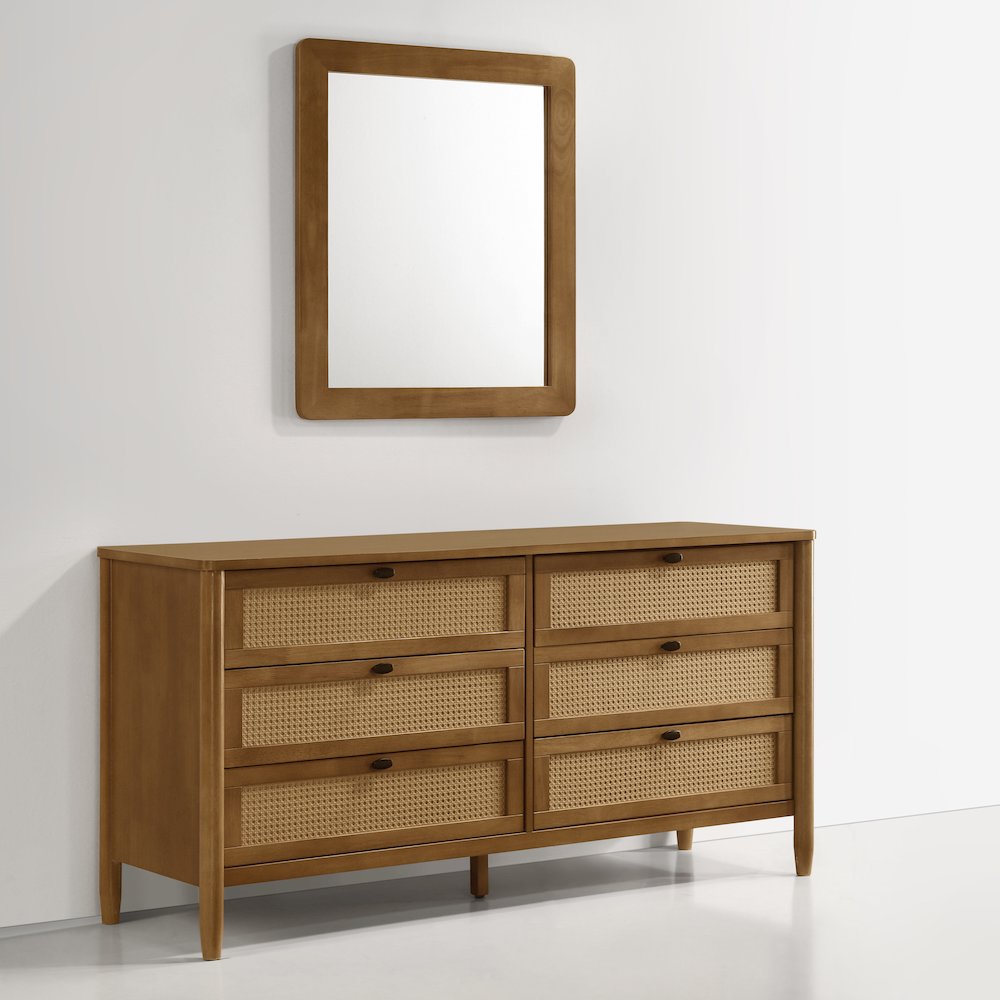 Vichy Wood and Rattan 6-Drawer Dresser with Mirror